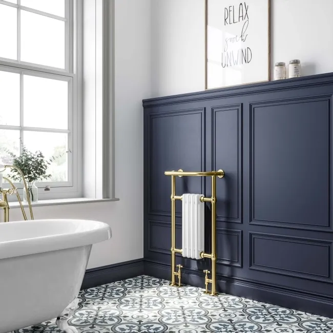 Gibraltar Small Brushed Brass Traditional Heated Towel Radiator (With Overhanging Rail)