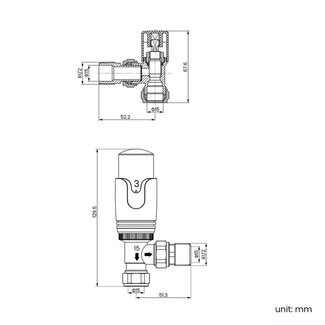 Brushed Brass Thermostatic Angled Radiator Valve (Pair) Standard 15mm