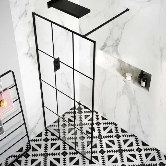 Munich Matt Black Grid Easy Clean 8mm Wet Room Shower Glass Panel 1100mm
