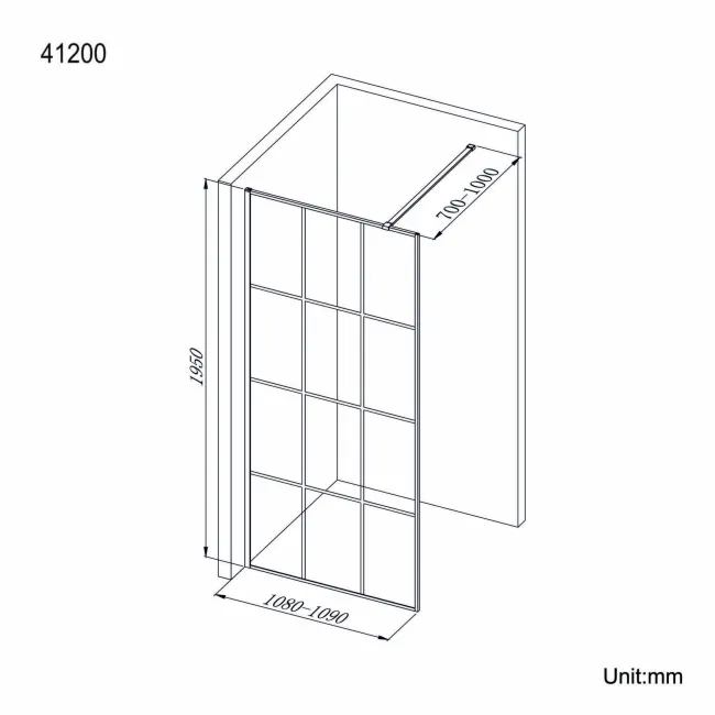 Munich Matt Black Grid Easy Clean 8mm Wet Room Shower Glass Panel 1100mm