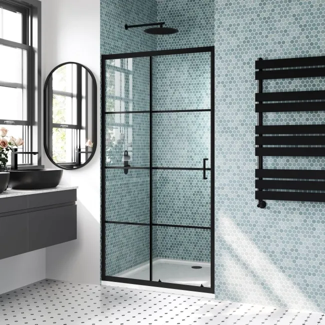 London Matt Black Grid 6mm Sliding Shower Door 1100mm