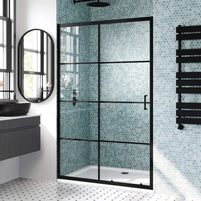 London Matt Black Grid 6mm Sliding Shower Door 1200mm