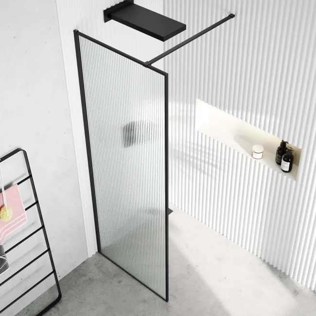 Munich Fluted Effect Matt Black Framed Easy Clean 8mm Wet Room Shower Glass Panel 700mm
