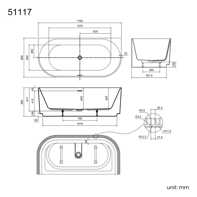 Barnet 1700mm Fluted Back To Wall Bath