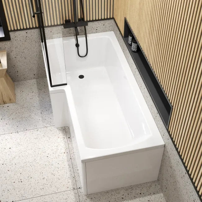 6mm L Shaped Easy Clean Bath Screen with Towel Rail - Matt Black