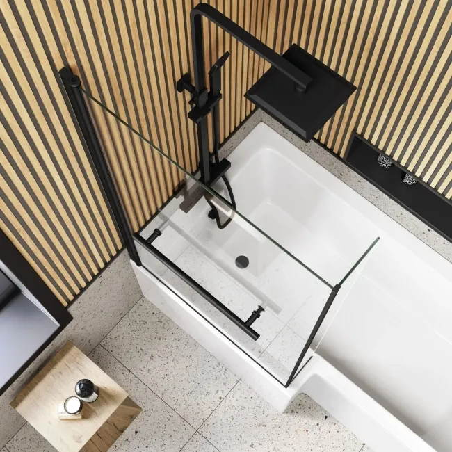6mm L Shaped Easy Clean Bath Screen with Towel Rail - Matt Black