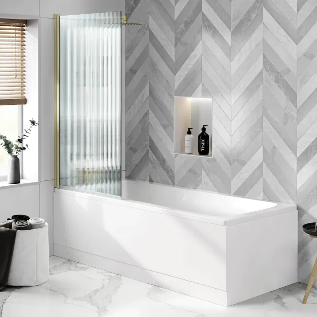 Geneva Fluted Effect Brushed Brass Easy Clean 6mm Bath Screen - 800mm