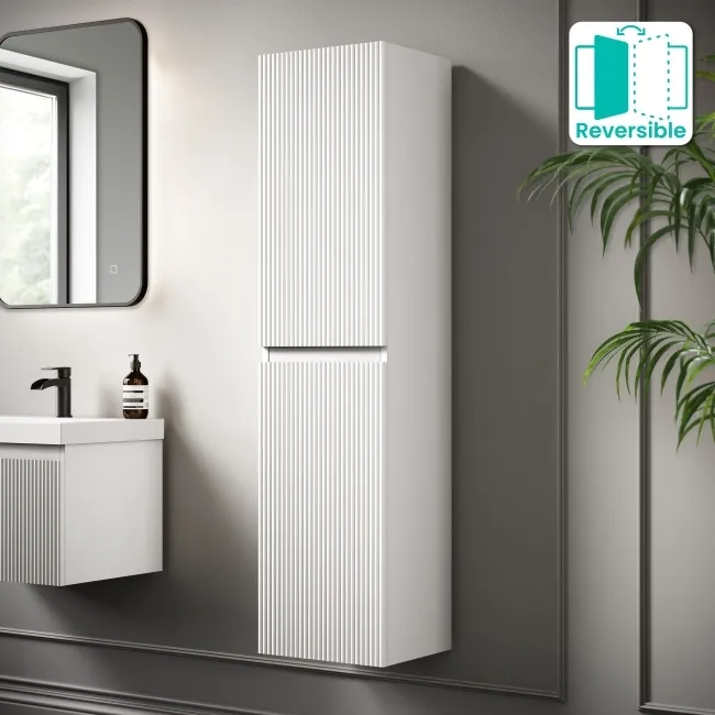 Malta Fluted Coastal White Wall Hung Tall Cabinet 1400x350mm