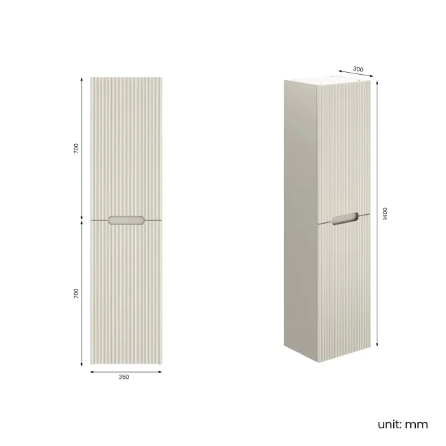Crete Fluted Linen White Wall Hung Tall Cabinet 1400x350mm
