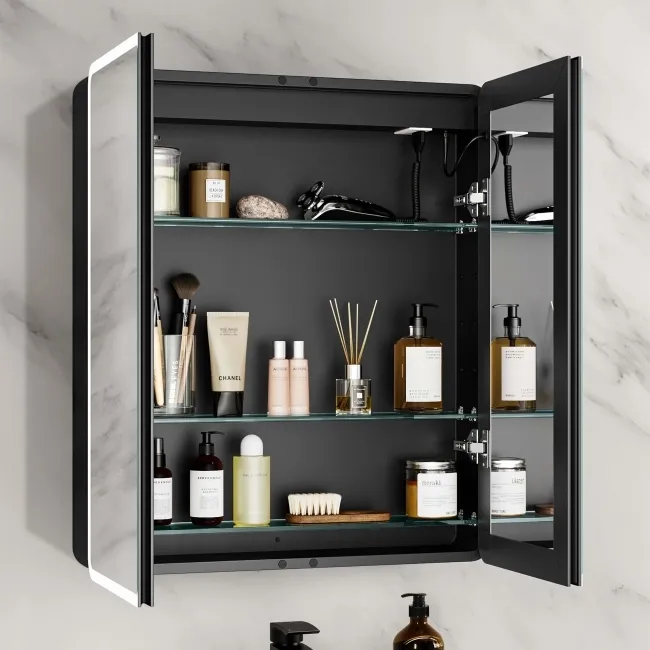 Aurora Matt Black Illuminated LED Mirror Cabinet 700x600mm