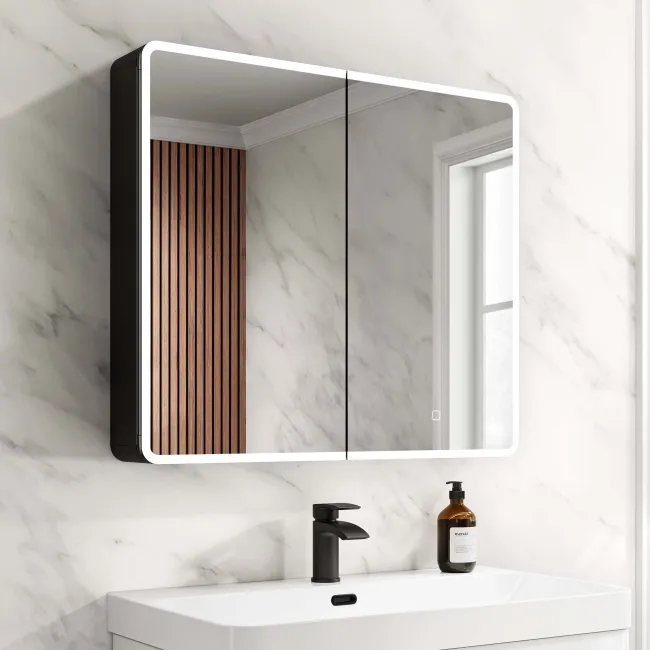 Aurora Matt Black Illuminated LED Mirror Cabinet 700x800mm