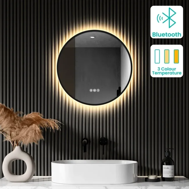 Delilah Black Framed Round Backlit LED Mirror With BLUETOOTH Speaker 500mm