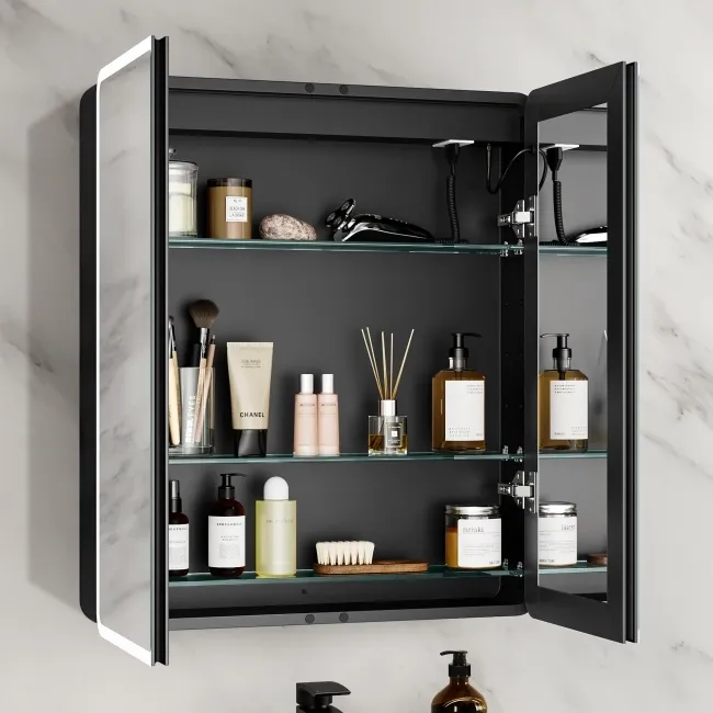 Aurora Matt Black Illuminated LED Mirror Cabinet With BLUETOOTH Speaker 700x600mm