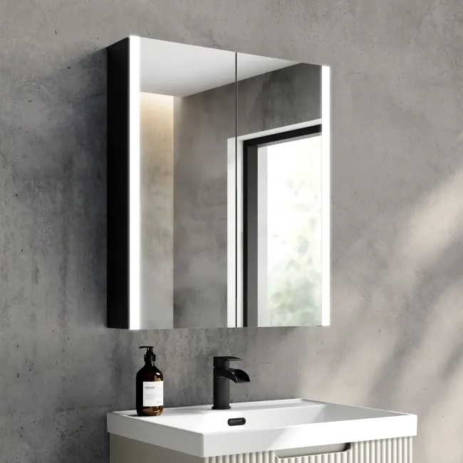 Selma Battery Operated Matt Black Illuminated LED Mirror Cabinet 700x600mm
