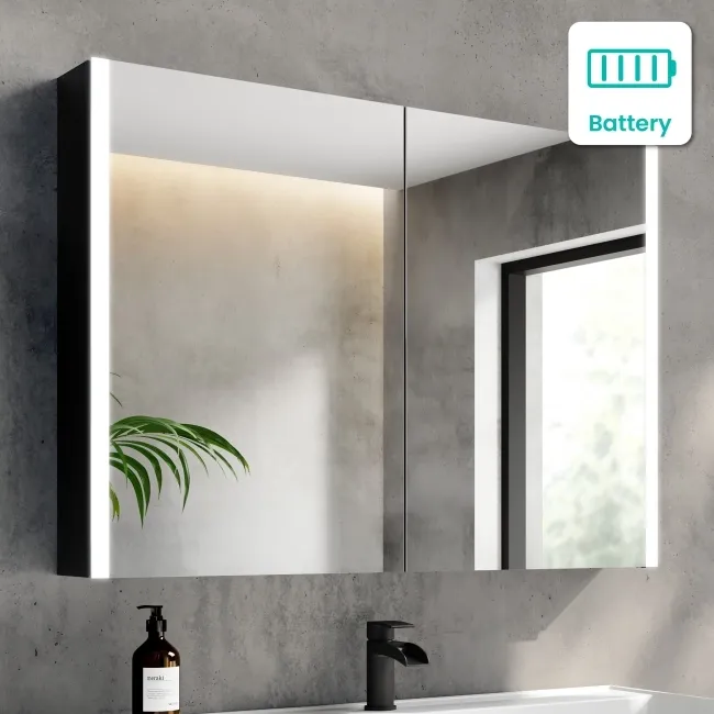 Selma Battery Operated Matt Black Illuminated LED Mirror Cabinet 700x1000mm