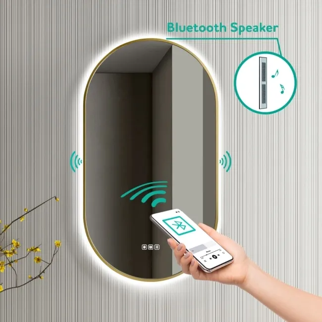 Ada Brushed Brass Backlit Illuminated LED Mirror With BLUETOOTH Speaker 900x500mm