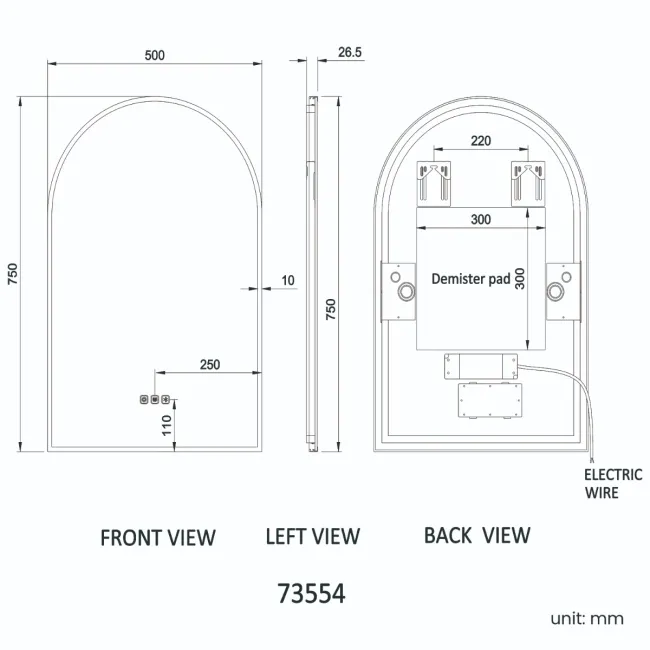 Maya Brushed Brass Arched Backlit Illuminated LED Mirror With BLUETOOTH Speaker 750x500mm