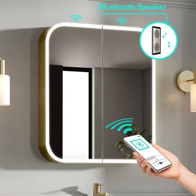 Willow Brushed Brass Illuminated LED Mirror Cabinet With BLUETOOTH Speaker & USB Port 700x800mm