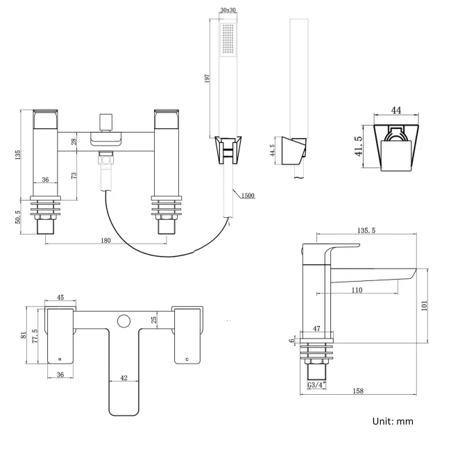 Soar Brushed Brass Basin & Shower Bath Mixer Tap Set