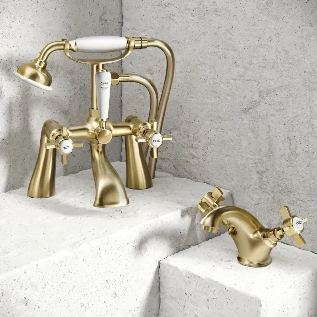 Nene Traditional Brushed Brass Basin & Bath Mixer Tap Set