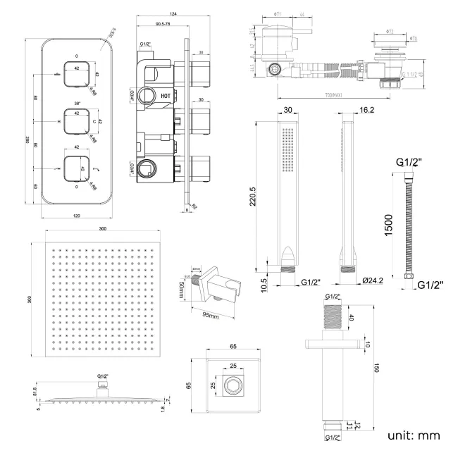 Galway Premium Ceiling Chrome Square Thermostatic Bath Filler Shower Set - 300mm Head & Hand Shower