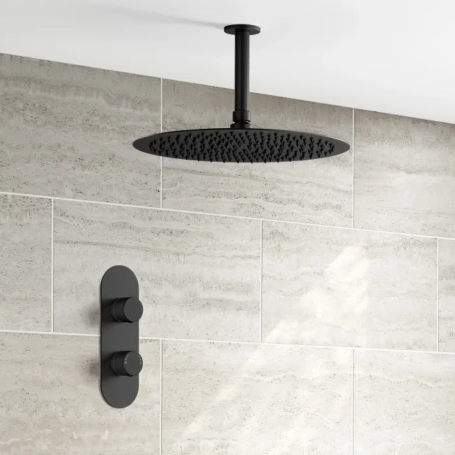 Ballina Premium Ceiling Matt Black Round Thermostatic Shower Set - 300mm Head