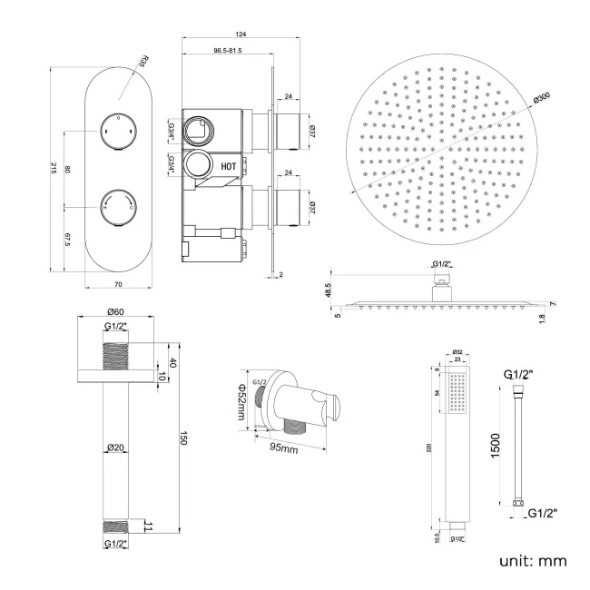 Ballina Premium Ceiling Matt Black Round Thermostatic Shower Set - 300mm Head & Hand Shower