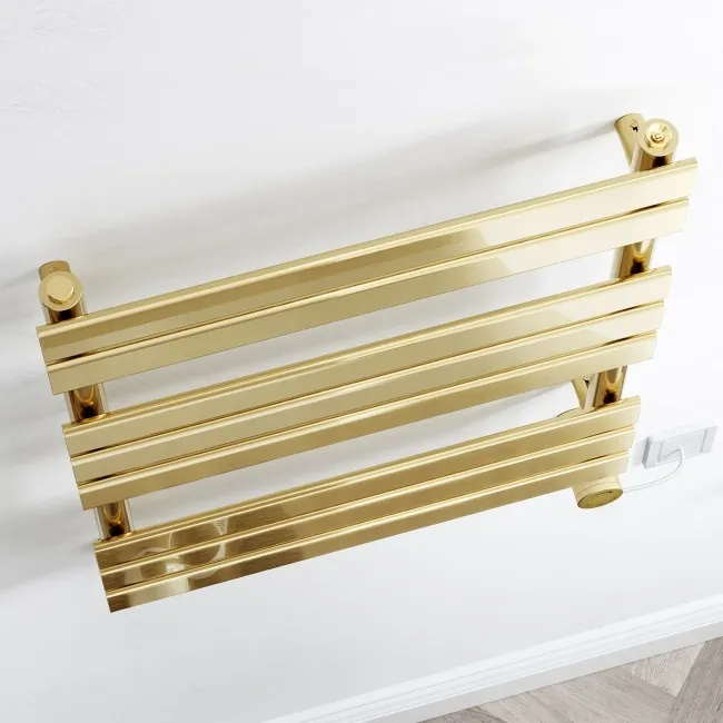 Santorini Electric Brushed Brass Flat Panel Heated Towel Rail 800x600mm
