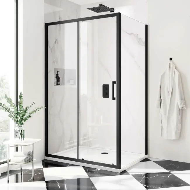 Hamburg Matt Black Easy Clean 8mm Sliding Shower Enclosure 1200x900mm - Easy Fix