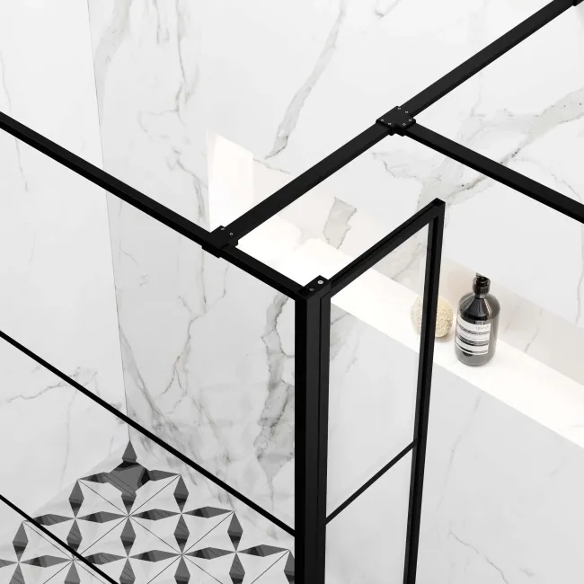 Munich Matt Black Grid 8mm Walk In Shower Enclosure 1400mm & 900mm Glass with Pivotal Return Panel