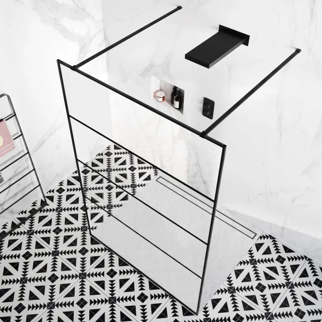 Munich Matt Black Grid 8mm Walk Through Wet Room Shower Glass Panel 1400mm