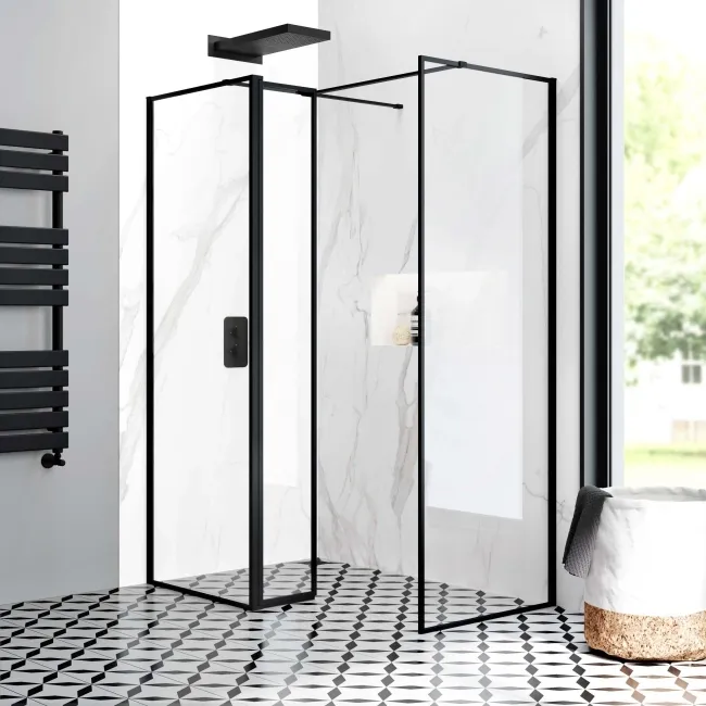 Munich Matt Black Framed 8mm Walk In Shower Enclosure 700mm & 700mm Glass with Pivotal Return Panel