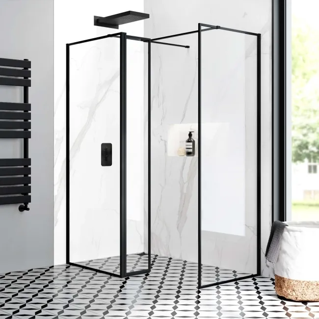 Munich Matt Black Framed 8mm Walk In Shower Enclosure 800mm & 700mm Glass with Pivotal Return Panel