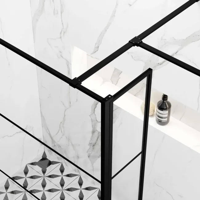 Munich Matt Black Grid 8mm Walk In Shower Enclosure 1100mm & 800mm Glass with Pivotal Return Panel