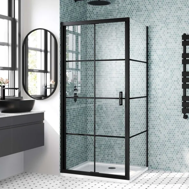 London Matt Black Grid 6mm Bifold Shower Enclosure 900x700mm