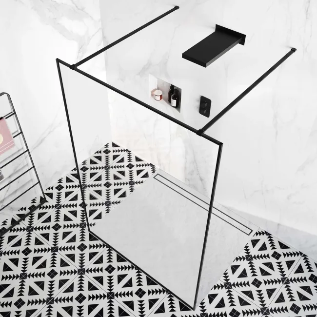 Munich Matt Black Framed 8mm Walk Through Wet Room Shower Glass Panel 1400mm
