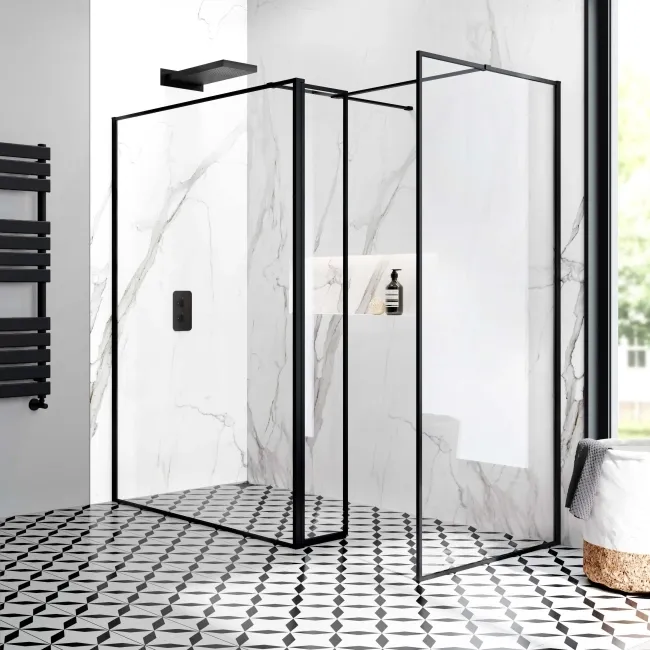 Munich Matt Black Framed 8mm Walk In Shower Enclosure 1400mm & 900mm Glass with Pivotal Return Panel