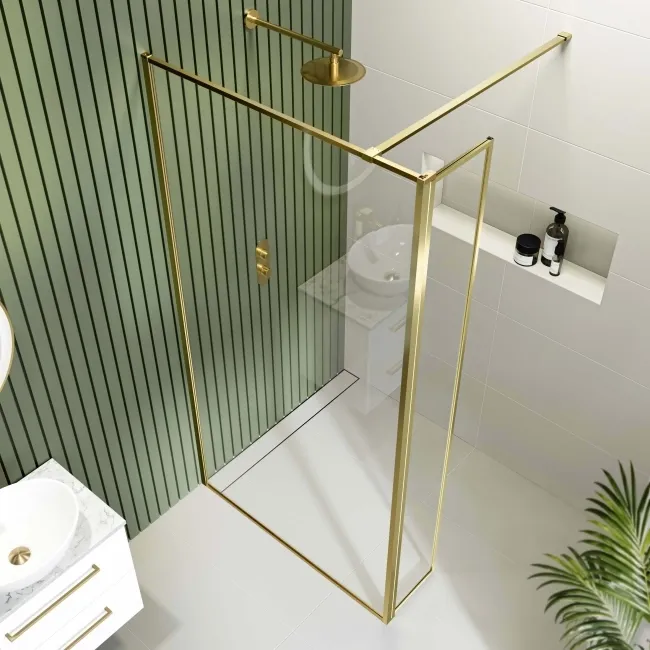 Munich Brushed Brass Framed 8mm Wet Room Shower Glass 900mm & 250mm Pivotal Return Panel