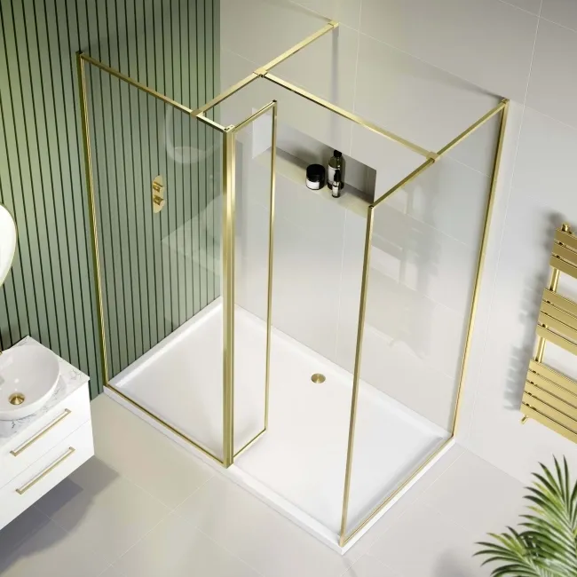 Munich Brushed Brass Framed 8mm Walk In Shower Enclosure 800mm & 900mm Glass with Return Panel