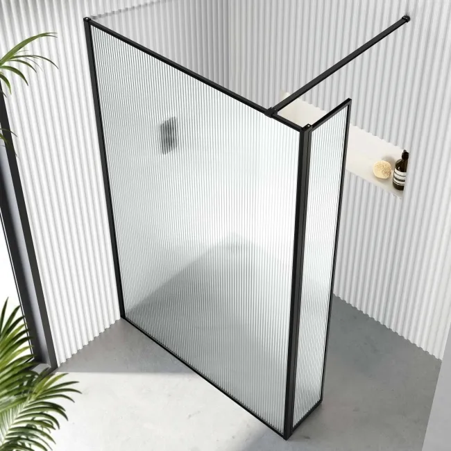 Munich Fluted Effect Matt Black Framed 8mm Wet Room Shower Glass 1100mm & 250mm Pivotal Return Panel
