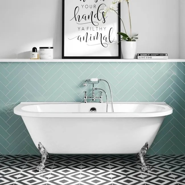 Harrow 1700mm Back To Wall Roll Top Bath - Chrome Claw Feet