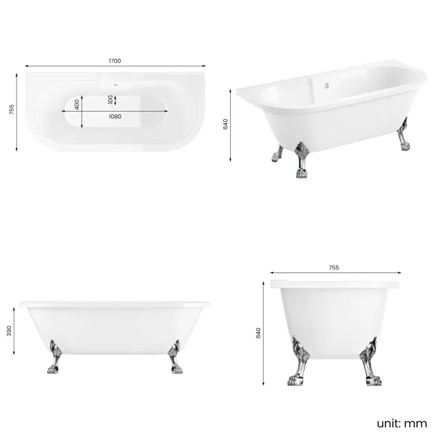 Harrow 1700mm Back To Wall Roll Top Bath - Chrome Claw Feet