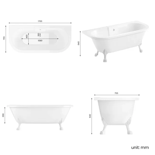 Harrow 1700mm Back To Wall Roll Top Bath - White Claw Feet