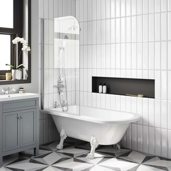 Abingdon 1500mm Roll Top Shower Bath - White Claw Feet & 6mm Easy Clean Screen