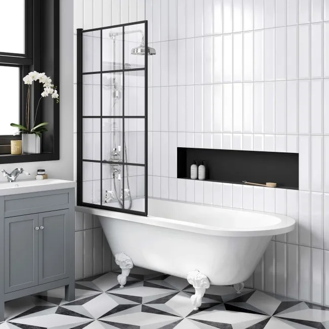 Abingdon 1700 Roll Top Shower Bath - White Ball Feet & 6mm Easy Clean Matt Black Grid Screen