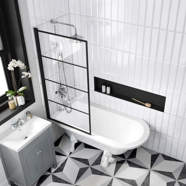 Abingdon 1500 Roll Top Shower Bath - White Claw Feet & 6mm Easy Clean Matt Black Grid Screen
