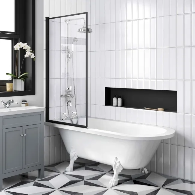 Abingdon 1700 Roll Top Shower Bath - White Claw Feet & 6mm Easy Clean Matt Black Framed Screen