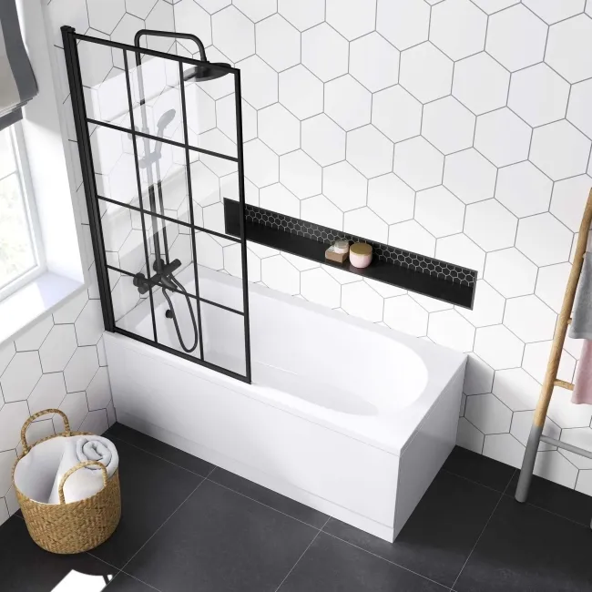 Stafford Round Shower Bath 1600x700 & 6mm Easy Clean Matt Black Grid Bath Screen