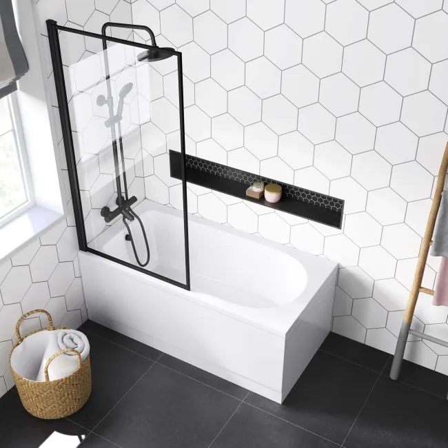 Stafford 1400x700 Round Shower Bath & 6mm Easy Clean Matt Black Framed Bath Screen