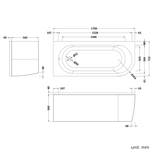Oakham 1700 Space Saving Shower Bath & 6mm Easy Clean Screen with Rail - Left Handed